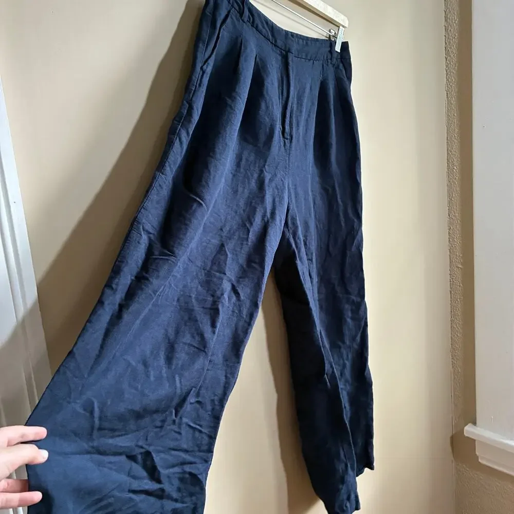 H&M linen blend navy wide leg trousers women's 6 pockets casual missing button